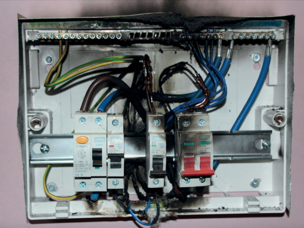 electrical consumer unit with fire damage