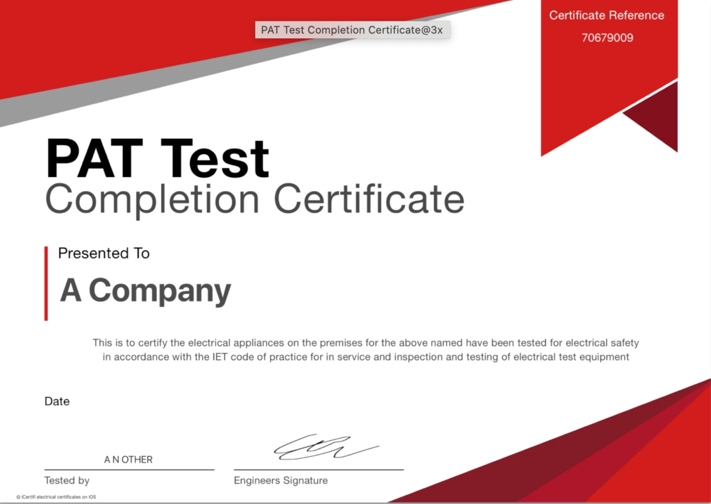 PAT testing completion certificate