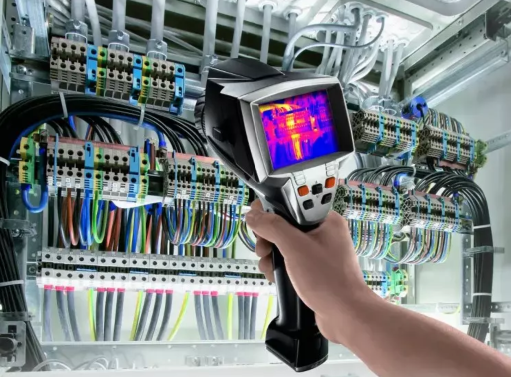 A thermal imaging scan of electrical equipment, showing hot spots to prevent potential failures.