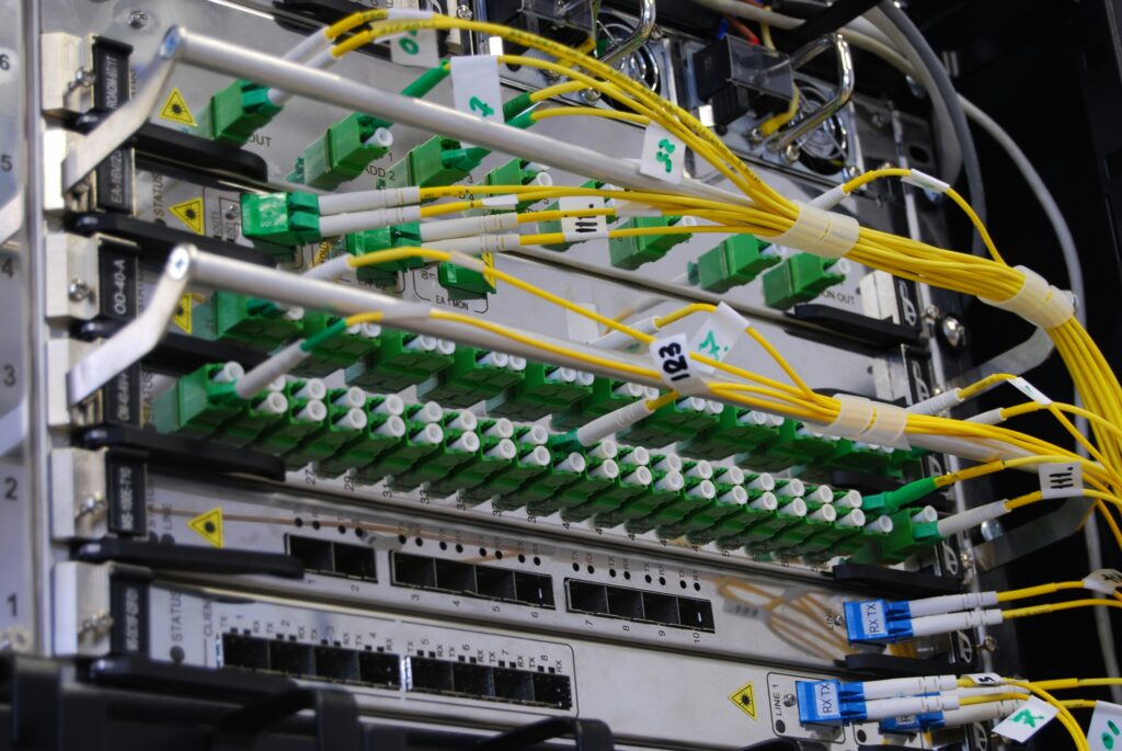 Optic-fiber telecommunication equipment in rack