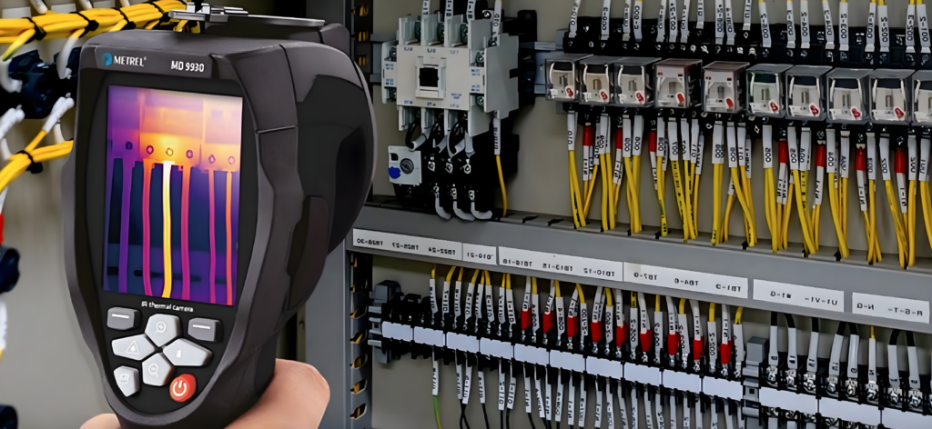 Thermal imaging camera capturing heat patterns of electrical components.