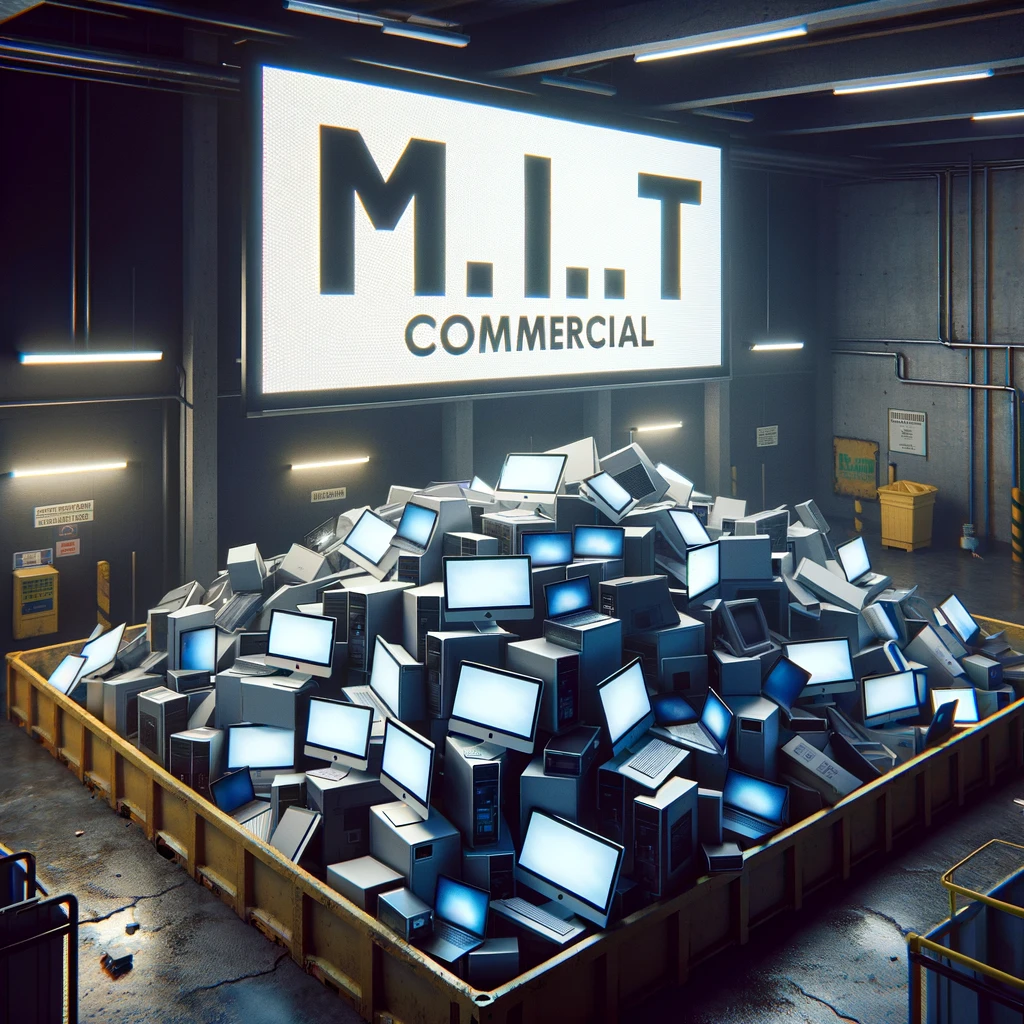 A scene showing discarded computers in a recycling facility, with the words 'M.I.T Commercial' prominently displayed, highlighting responsible electronic waste management.